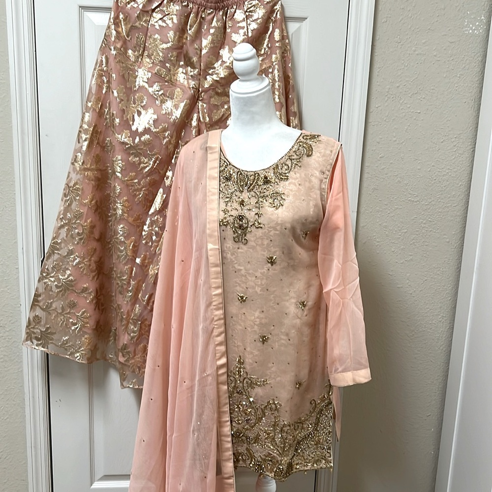 Shalwar Kameez- Elegant Long Sleeve Embroidered Dress - Pink and Gold, Size M